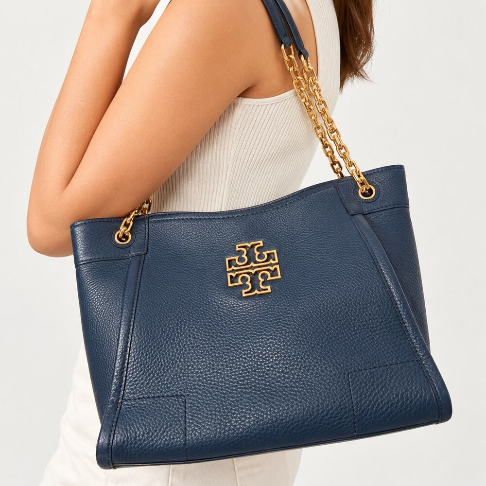 Tory Burch Britten Leather Chain Shoulder Tote Bag Blue Gold Hardware Womens